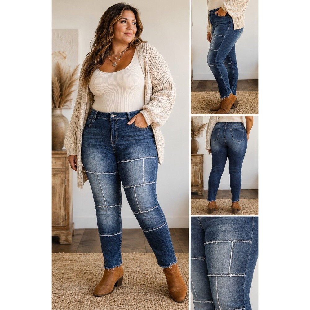 Boutique Patchwork Jeans Womens Size 18 Boho Raw Hem Stretch Skinny Denim